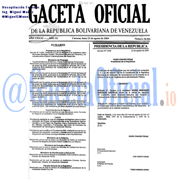 Gaceta Oficial 38006 del 23 Agosto 2004