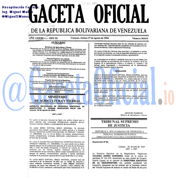 Gaceta Oficial 38010 del 27 Agosto 2004