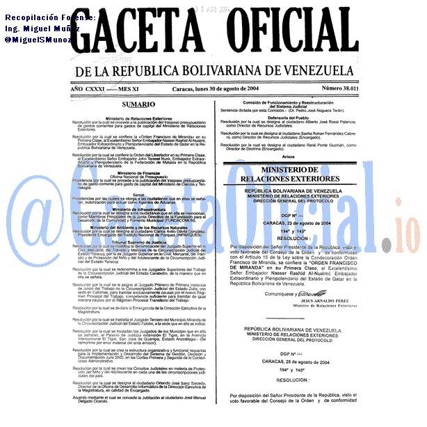 Gaceta Oficial 38011 del 30 Agosto 2004
