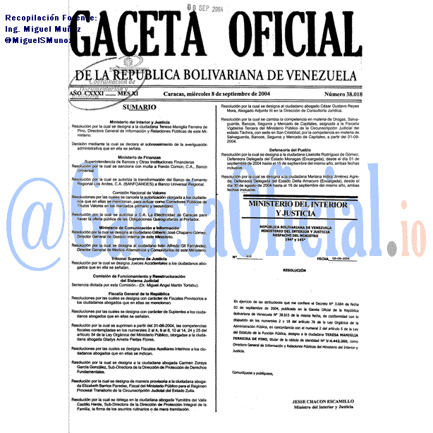 Gaceta Oficial 38018 del 8 Septiembre 2004