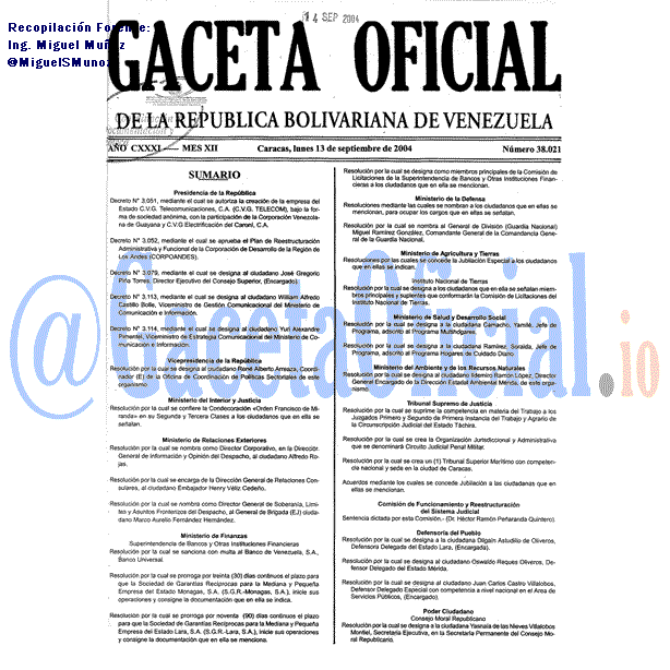 Gaceta Oficial 38021 del 13 Septiembre 2004