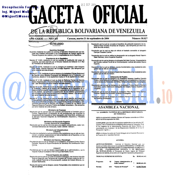 Gaceta Oficial 38027 del 21 Septiembre 2004