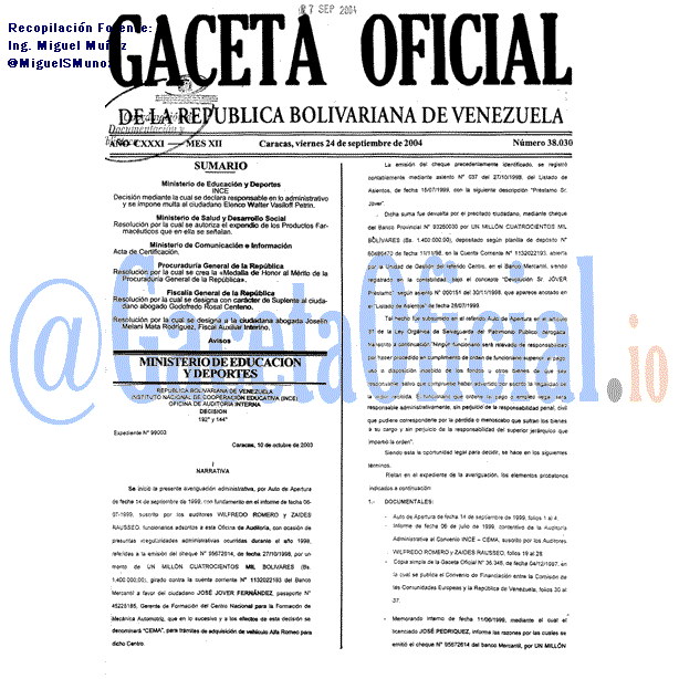 Gaceta Oficial 38030 del 24 Septiembre 2004