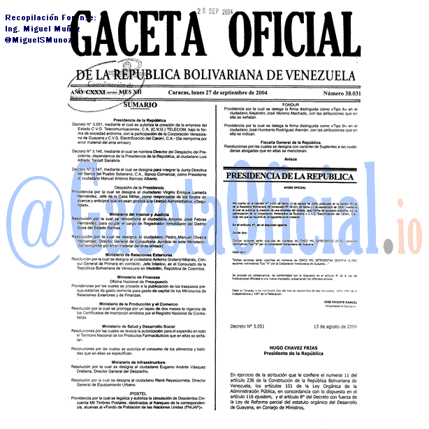 Gaceta Oficial 38031 del 27 Septiembre 2004