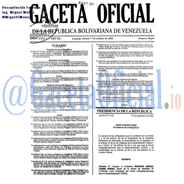 Gaceta Oficial 38035 del 1 Octubre 2004