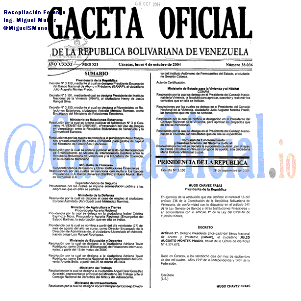 Gaceta Oficial 38036 del 4 Octubre 2004