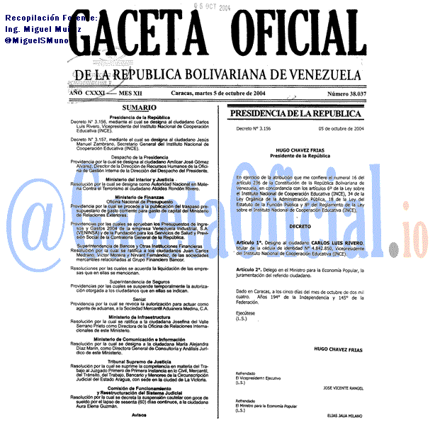 Gaceta Oficial 38037 del 5 Octubre 2004