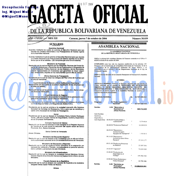 Gaceta Oficial 38039 del 7 Octubre 2004
