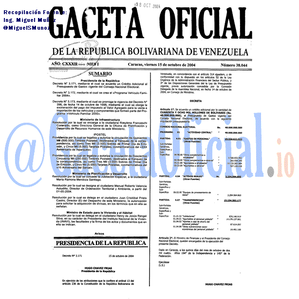 Gaceta Oficial 38044 del 15 Octubre 2004