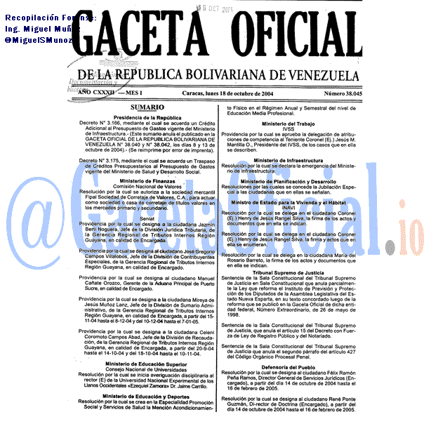 Gaceta Oficial 38045 del 18 Octubre 2004