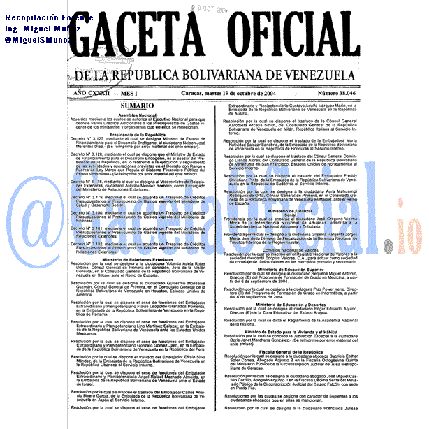 Gaceta Oficial 38046 del 19 Octubre 2004