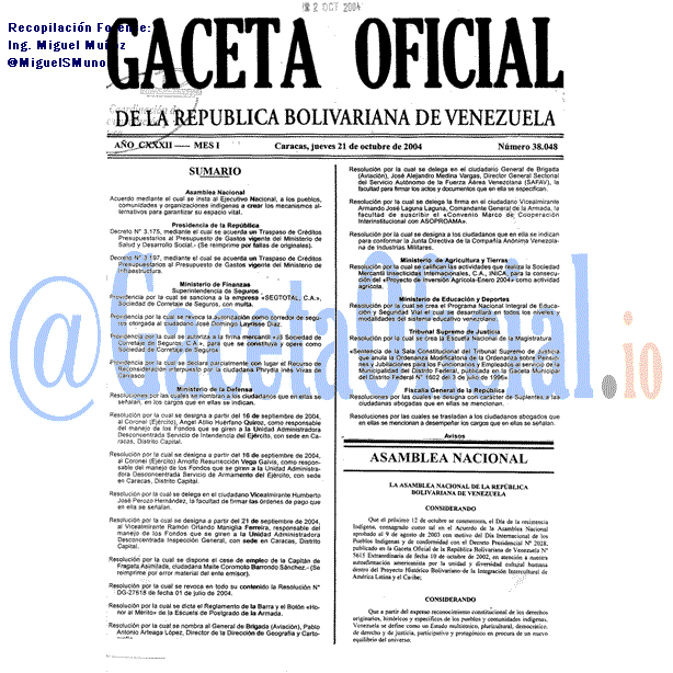 Gaceta Oficial 38048 del 21 Octubre 2004