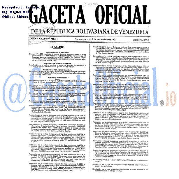 Gaceta Oficial 38056 del 2 Noviembre 2004
