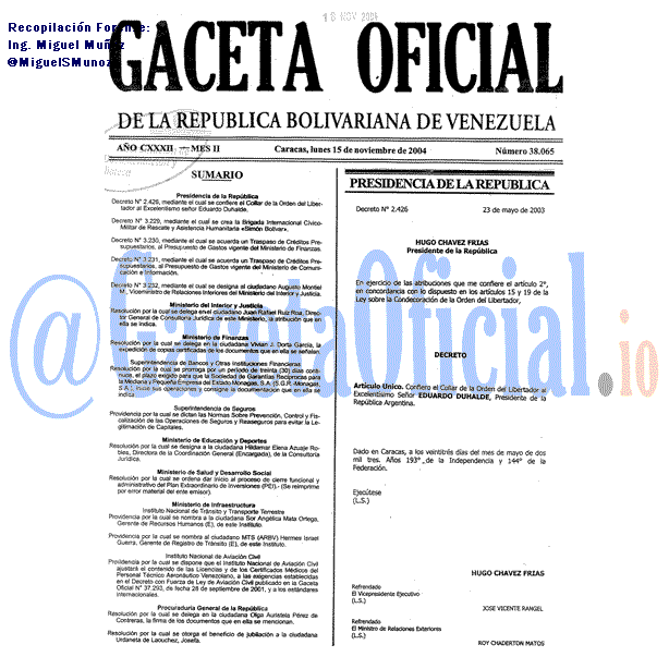 Gaceta Oficial 38065 del 15 Noviembre 2004