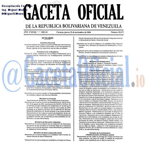 Gaceta Oficial 38073 del 25 Noviembre 2004