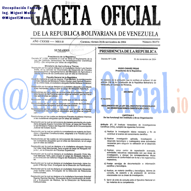 Gaceta Oficial 38074 del 26 Noviembre 2004