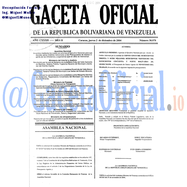 Gaceta Oficial 38078 del 2 Diciembre 2004