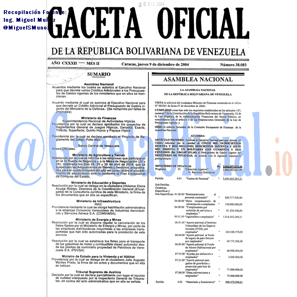 Gaceta Oficial 38083 del 9 Diciembre 2004