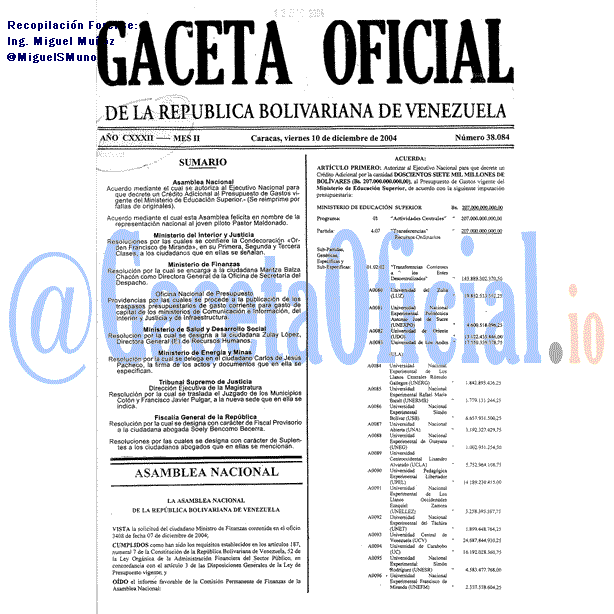Gaceta Oficial 38084 del 10 Diciembre 2004