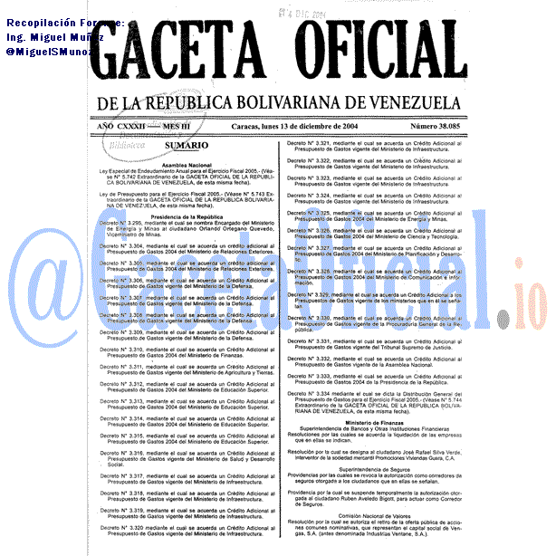 Gaceta Oficial 38085 del 13 Diciembre 2004
