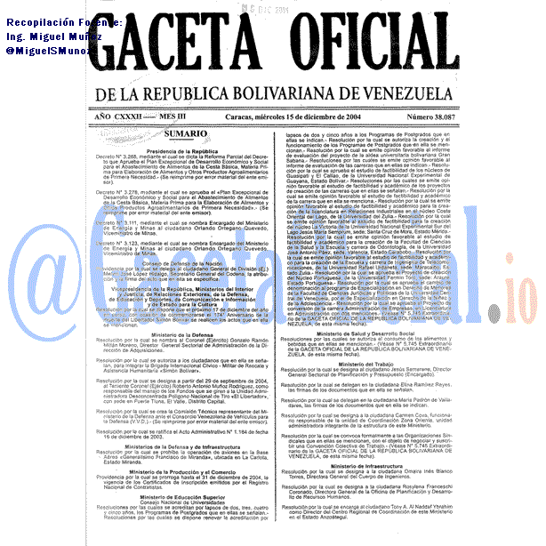 Gaceta Oficial 38087 del 15 Diciembre 2004