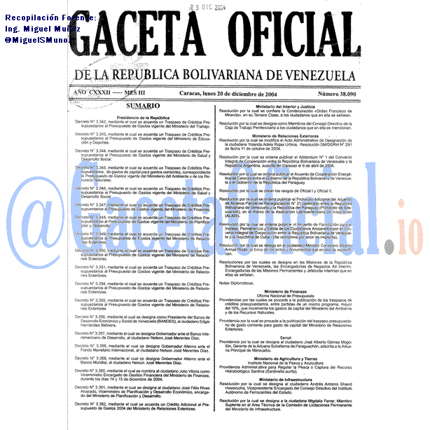 Gaceta Oficial 38090 del 20 Diciembre 2004