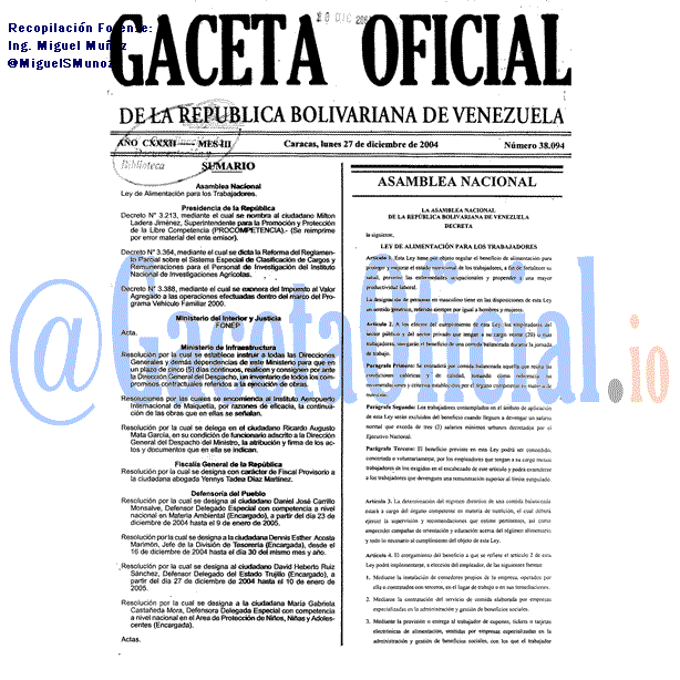 Gaceta Oficial 38094 del 27 Diciembre 2004