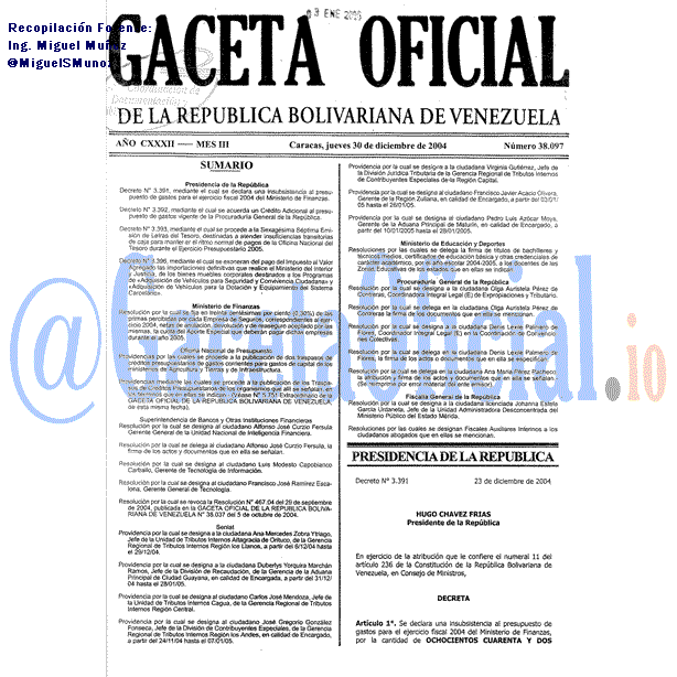 Gaceta Oficial 38097 del 30 Diciembre 2004