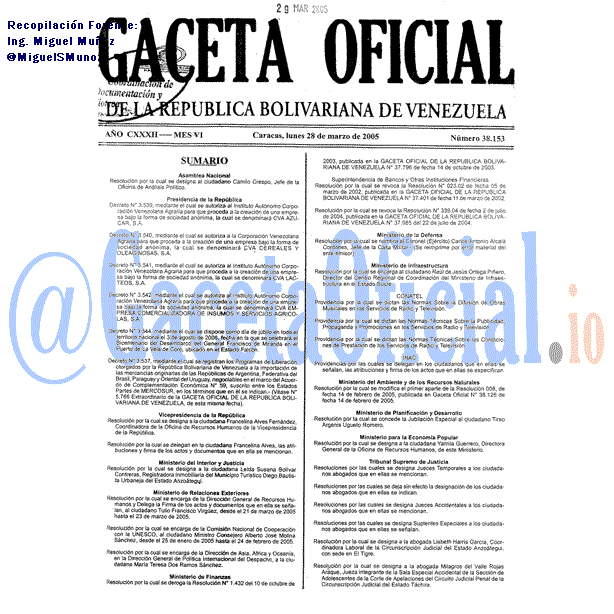 Gaceta Oficial 38153 del 28 Marzo 2005