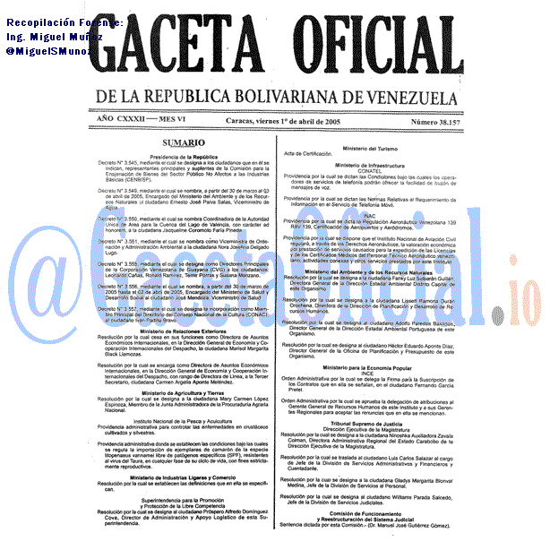 Gaceta Oficial 38157 del 1 Abril 2005