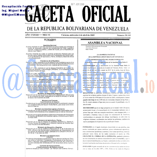 Gaceta Oficial 38160 del 6 Abril 2005
