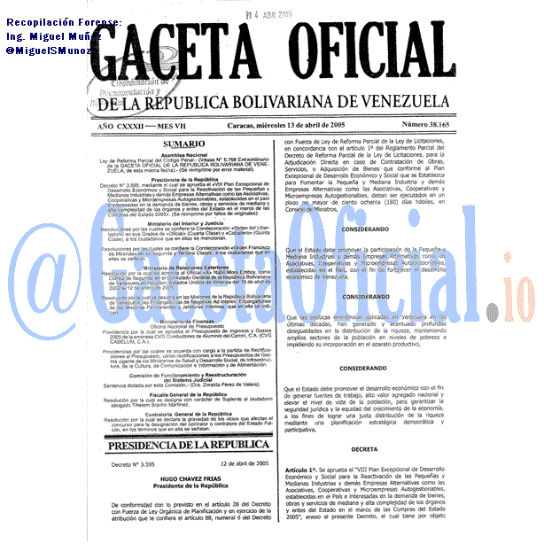 Gaceta Oficial 38165 del 13 Abril 2005
