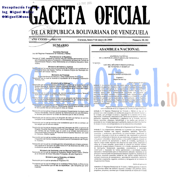 Gaceta Oficial 38182 del 9 Mayo 2005