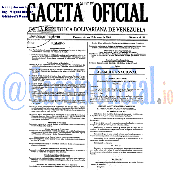 Gaceta Oficial 38191 del 20 Mayo 2005