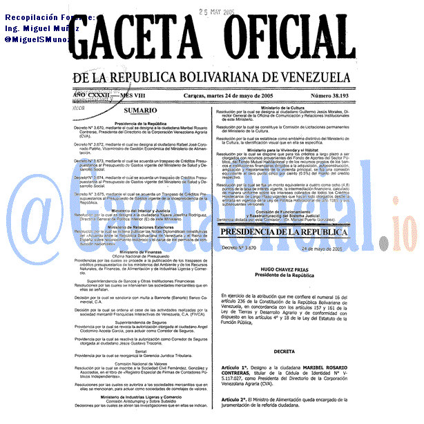 Gaceta Oficial 38193 del 24 Mayo 2005