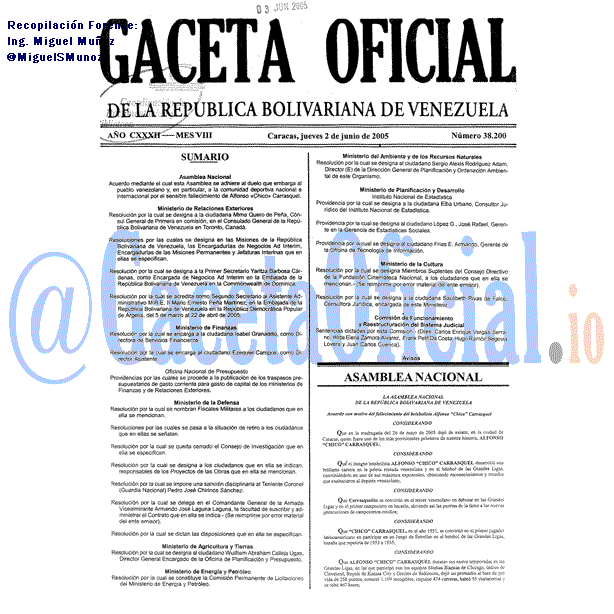 Gaceta Oficial 38200 del 2 Junio 2005