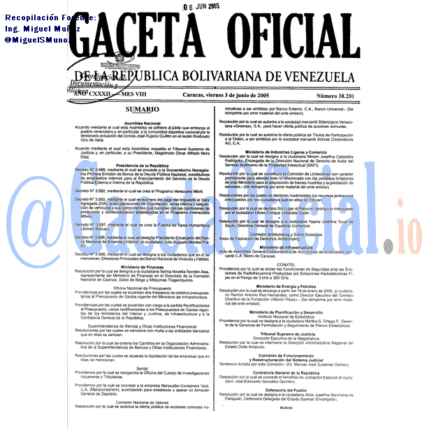 Gaceta Oficial 38201 del 3 Junio 2005