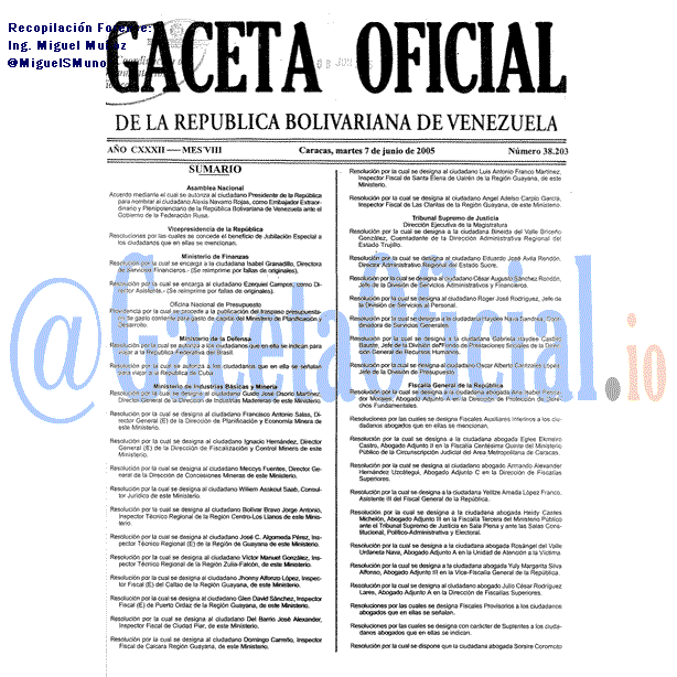 Gaceta Oficial 38203 del 7 Junio 2005