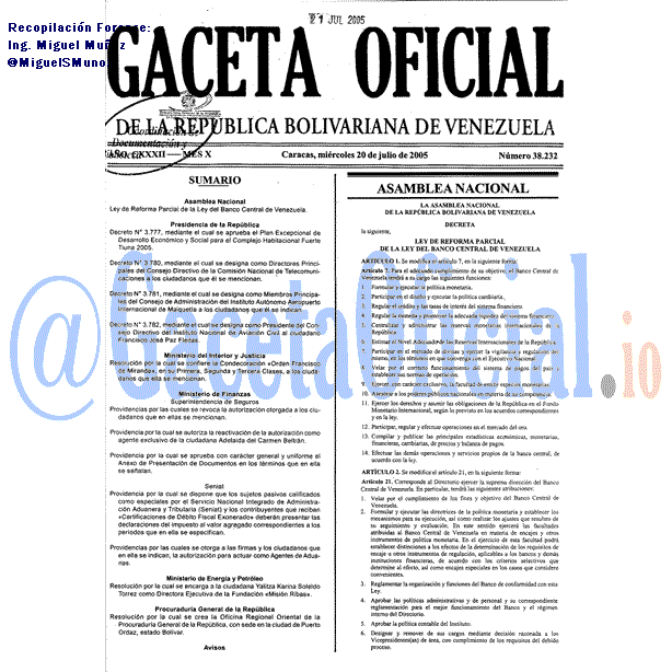 Gaceta Oficial 38232 del 20 Julio 2005