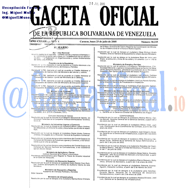 Gaceta Oficial 38235 del 25 Julio 2005