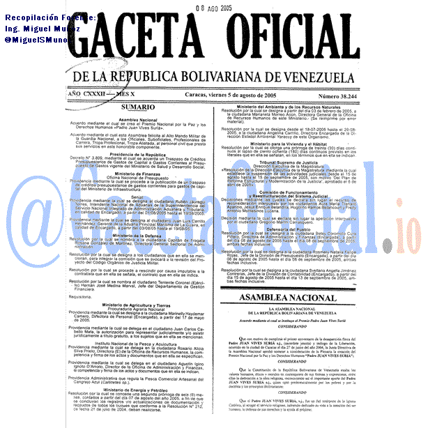 Gaceta Oficial 38244 del 5 Agosto 2005