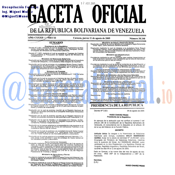 Gaceta Oficial 38248 del 11 Agosto 2005