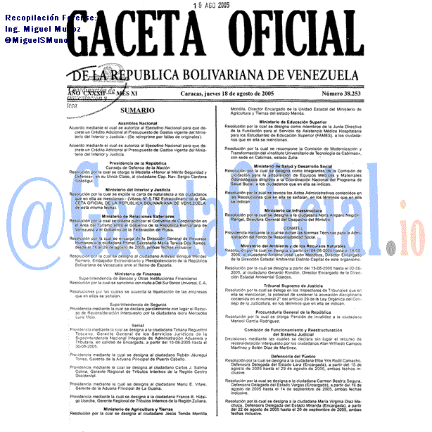 Gaceta Oficial 38253 del 18 Agosto 2005