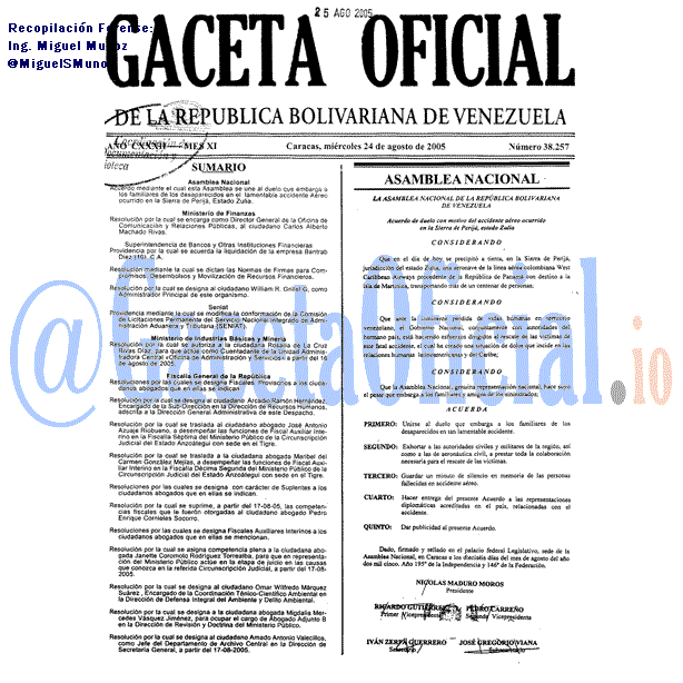 Gaceta Oficial 38257 del 24 Agosto 2005