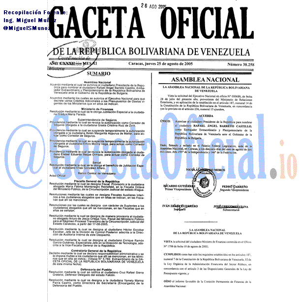 Gaceta Oficial 38258 del 25 Agosto 2005