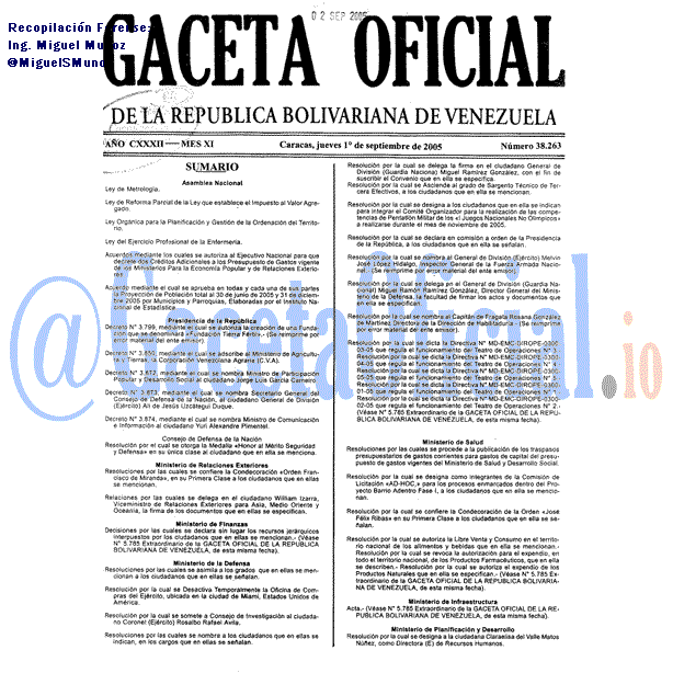 Gaceta Oficial 38263 del 1 Septiembre 2005