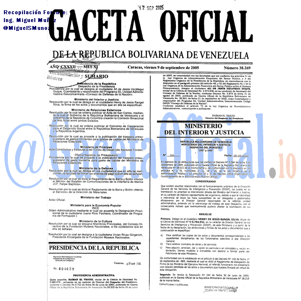 Gaceta Oficial 38269 del 9 Septiembre 2005