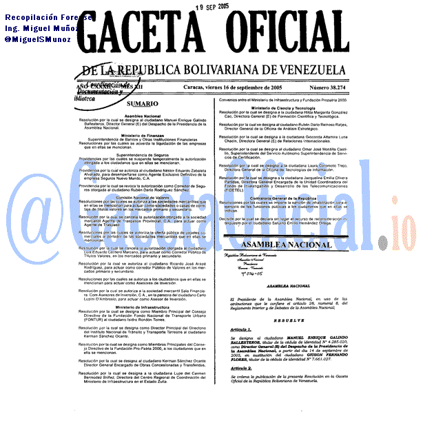 Gaceta Oficial 38274 del 16 Septiembre 2005