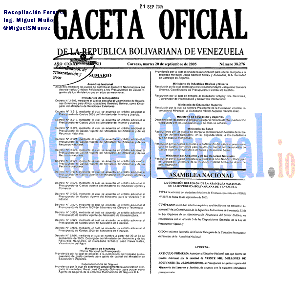 Gaceta Oficial 38276 del 20 Septiembre 2005
