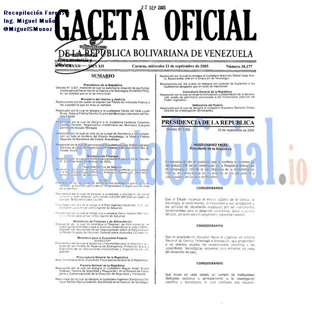 Gaceta Oficial 38277 del 21 Septiembre 2005
